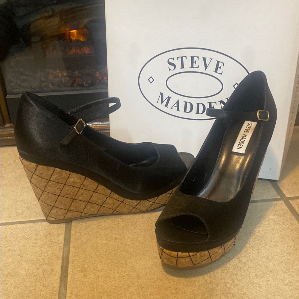 Steve Madden Adjustable Ankle Strap Masster Black Silky Fabric Open Toe Wedge